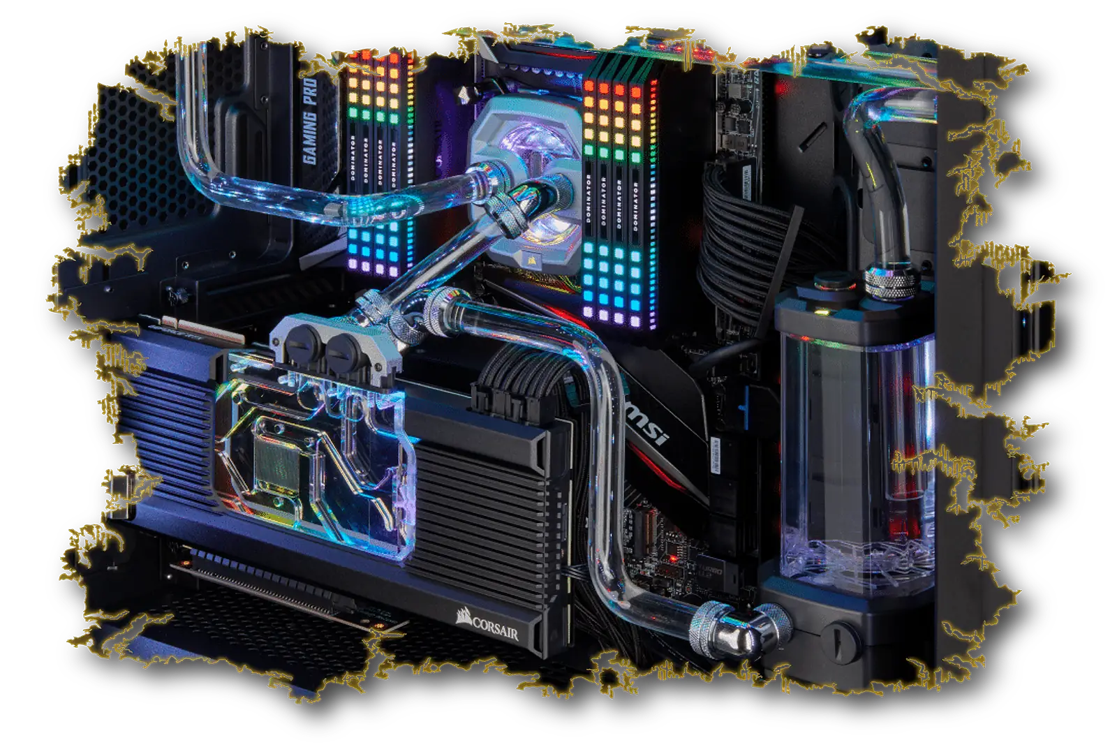 A custom water-cooled gaming build — hard-line loops, RGB memory and a flagship GPU